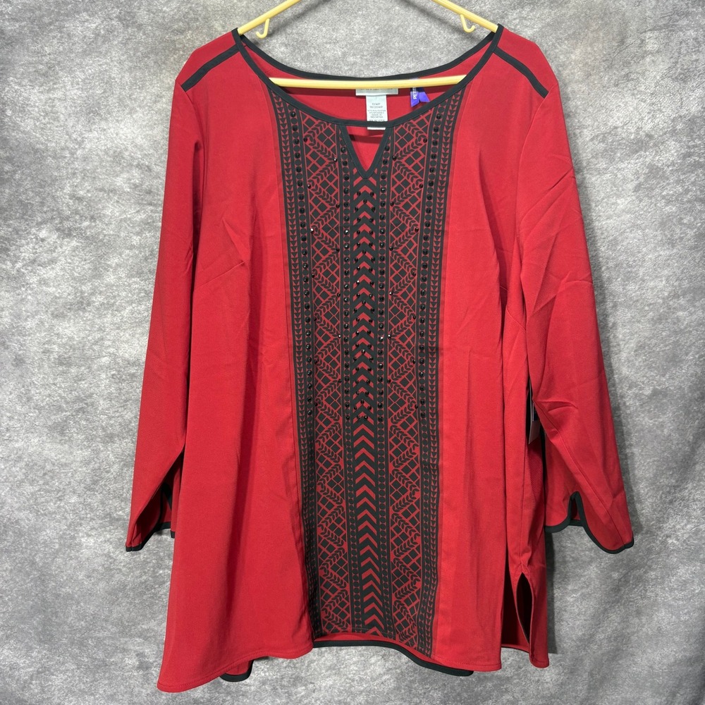 Catherines Red Rhinestone Geometric Tunic Blouse Size 1XWP 3/4 Sleeve NEW